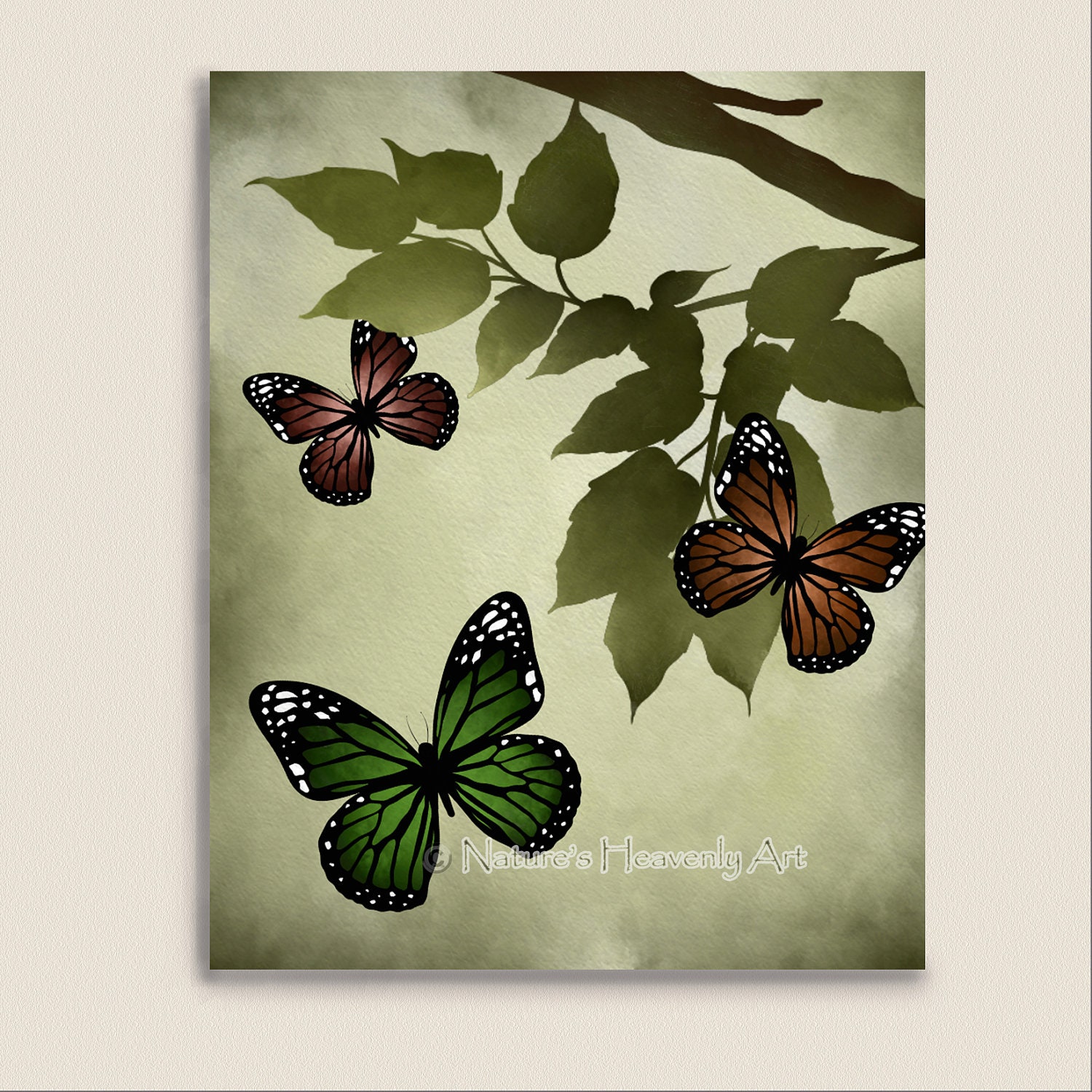 Butterfly Print Watercolor Art, Customizable, Summer Garden, Leaves, Green Nature Art 8 x 10 Print, Earthy - NaturesHeavenlyArt