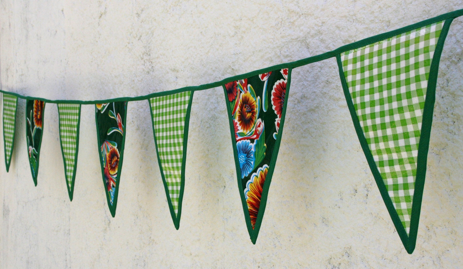 Lime Green Bloom and Gingham Pennant Party party   Check out our gorgeous trim work  Ready to Ship