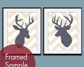 Deer Head Silhouette Chevron Series B (Set of 2 11x14 Art Prints) (Featured in Cream and River Rock) Vintage Modern Decor