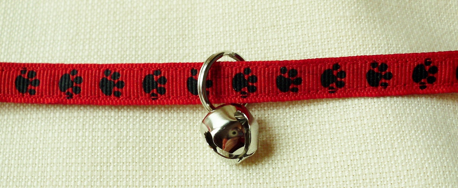 Cat or Small Dog Collar Red With Black Paw Prints