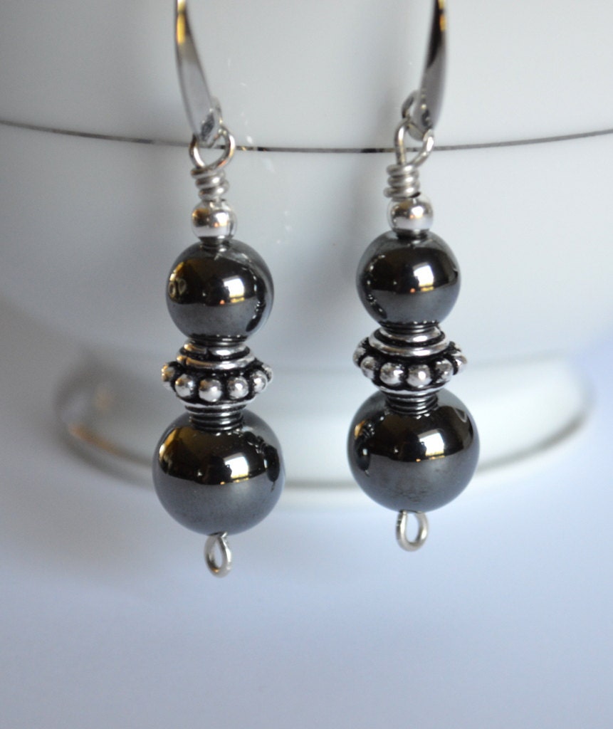 Hematite and silver dangle earrings