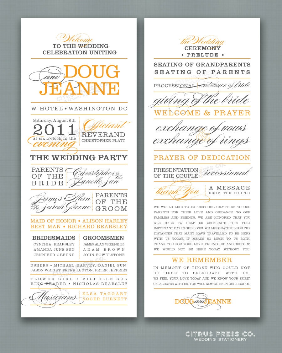 Wedding Program Long Block Text Words PDF - double sided