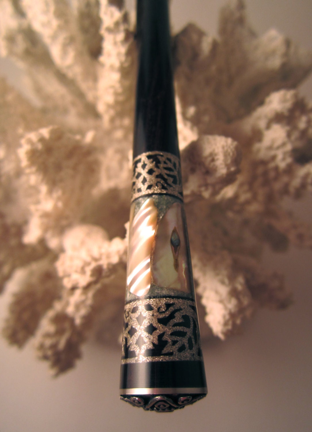 FRIDAY NIGHT SALE- "Oriental" Fancy Scroll Hair Stick African Blackwood Inlaid with Seraphanite, Abalone and Silver, with a Silver Bead Cap