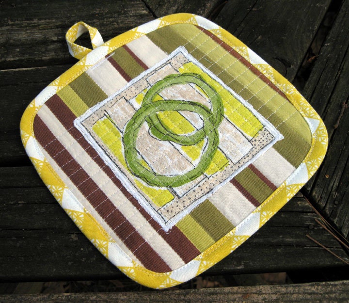 Green, Yellow and Brown Reclaimed Fabric Pot Holder with Great 70s Style