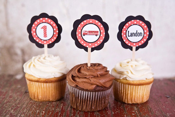 Firetruck Theme Cupcake Toppers - Firetruck Happy Birthday Party Decorations in Red & Black Il_170x135