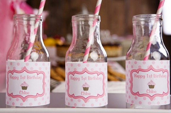 Cupcake Themed Water Bottle Labels - Cupcake Birthday Party Decorations in Hot & Light Pink (12) Il_170x135