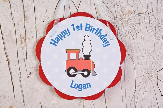 Train Themed Happy Birthday Party Sign Door Hanger, Train Birthday Party Decorations in Red and Blue Il_570xn