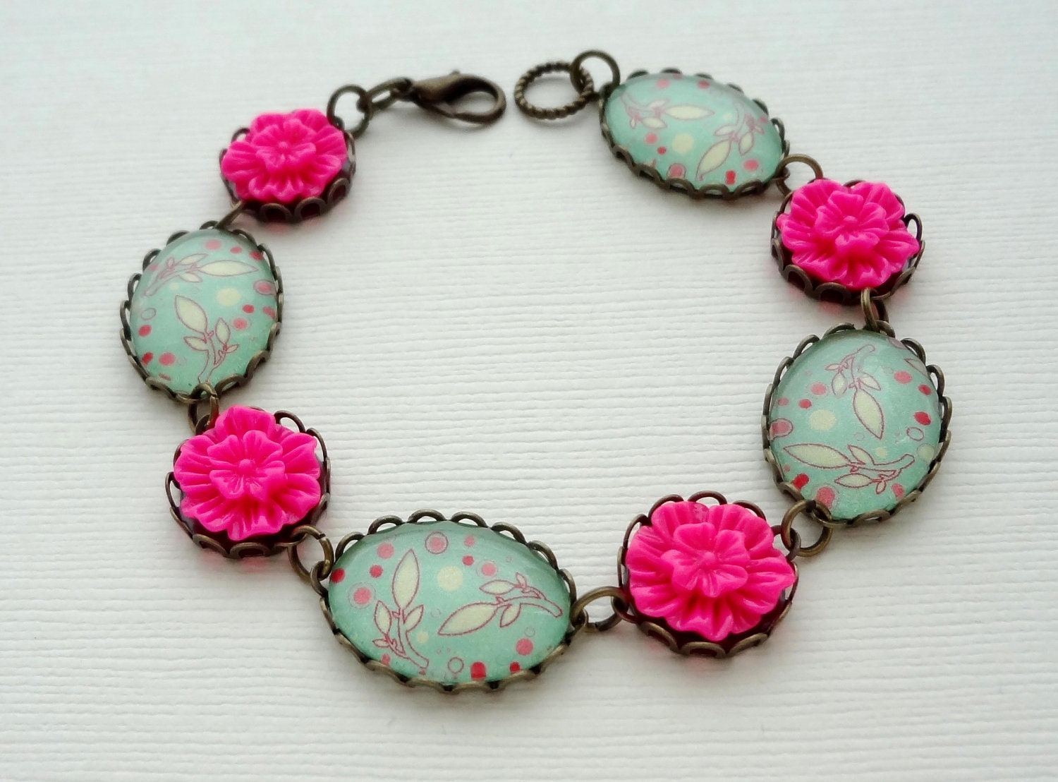 Aqua and Hot Pink Cabochon Bracelet. Vintage Inspired. Branches. Ivory. Gift for her under 25 usd.