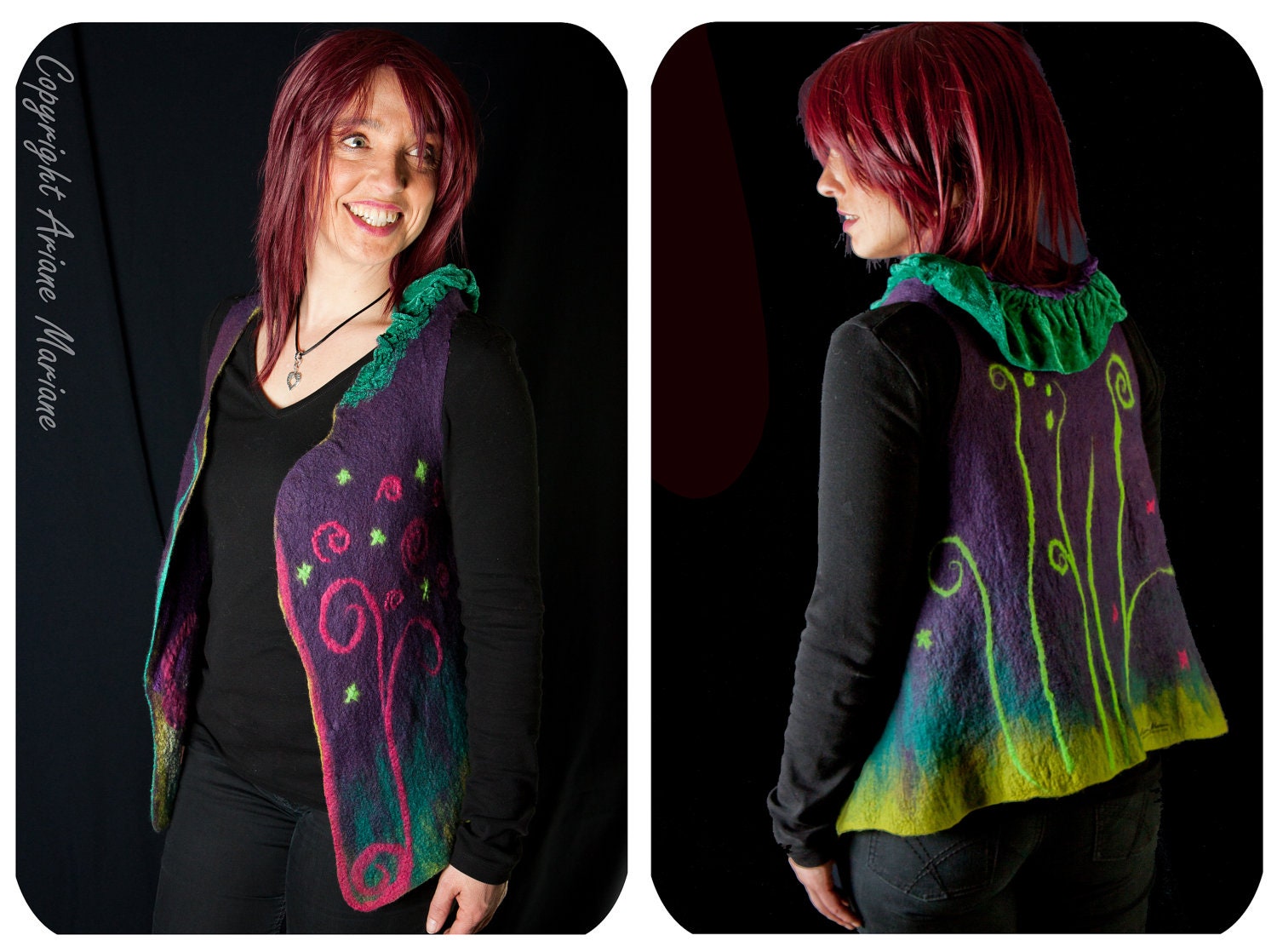 Fairy masterpiece nuno felt vest,  high fashion bolero, convertible shrug veste bolero,  pink cat , green,  purple,  stripes , ooak S to M