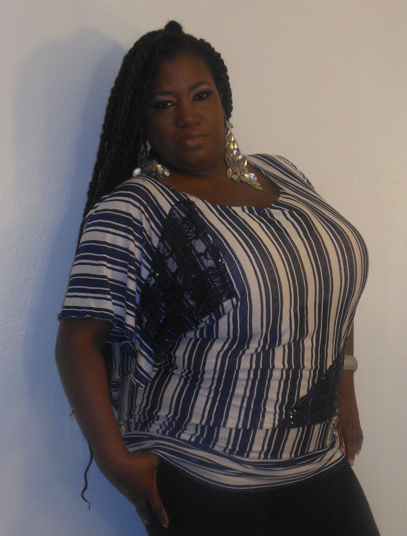 Maggie - Posh N Petals Navy Blue and White  Knit  and Lace Sequin  Embellished Blouse - XL  - 1X - 2X Plus Size