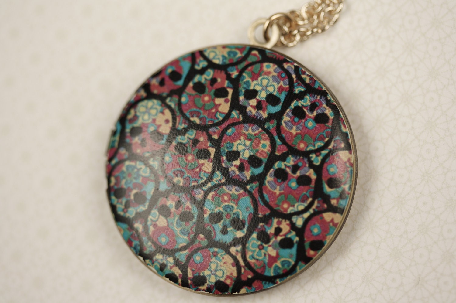 Colorful Skeleton Image Locket Necklace in Antiqued Brass, Neon Pink, Blue, Green, Retro Flowers Large Pendant, Long Gold Chain, Jewellery