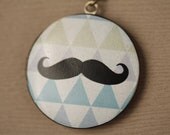 Geometric Black Mustache Locket Necklace, Blue, Green and Purple Triangle Shapes, Long Antiqued Brass Chain, Large Pendant Jewellery
