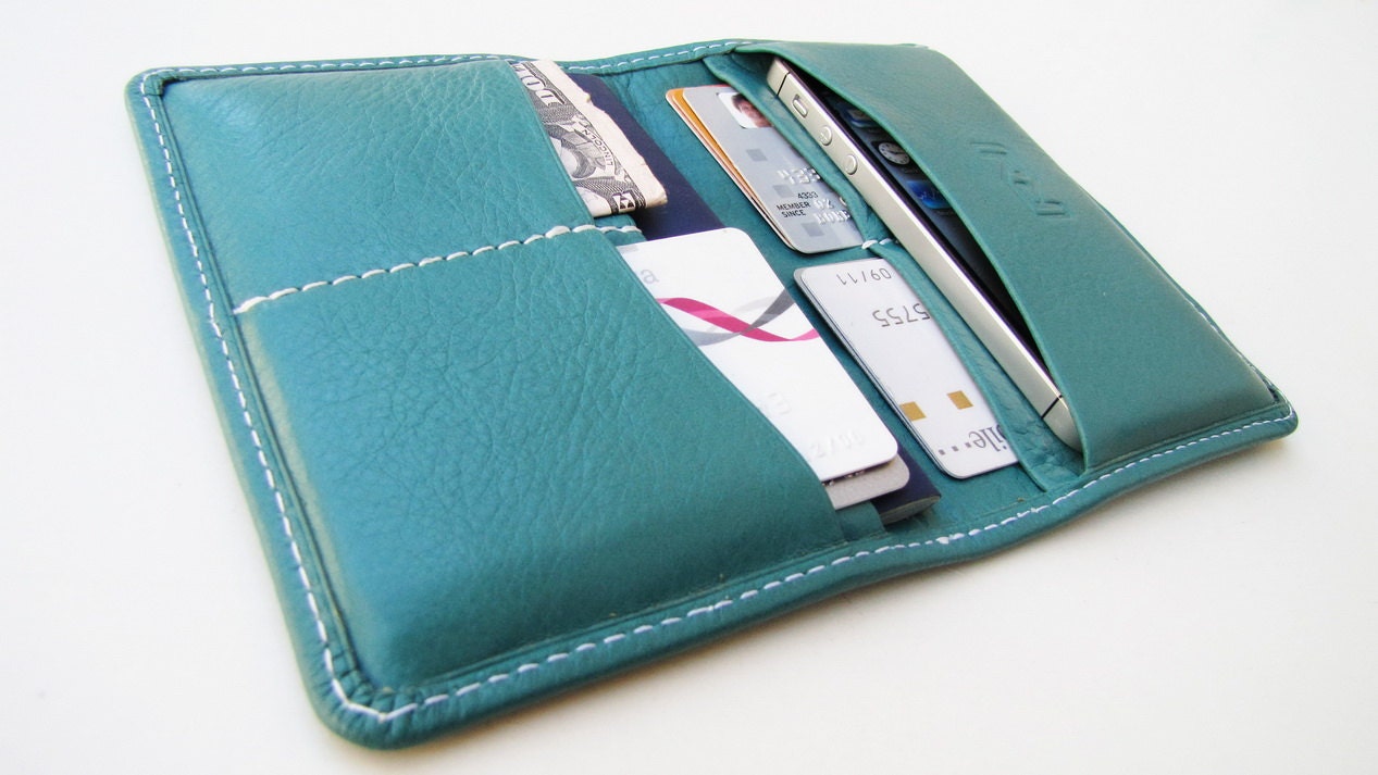 Personalized iPhone 4 / 5, Passport & Card Case n Wallet in Premium Selection, Turquoise, Italian Calfskin. Unique handmade case.