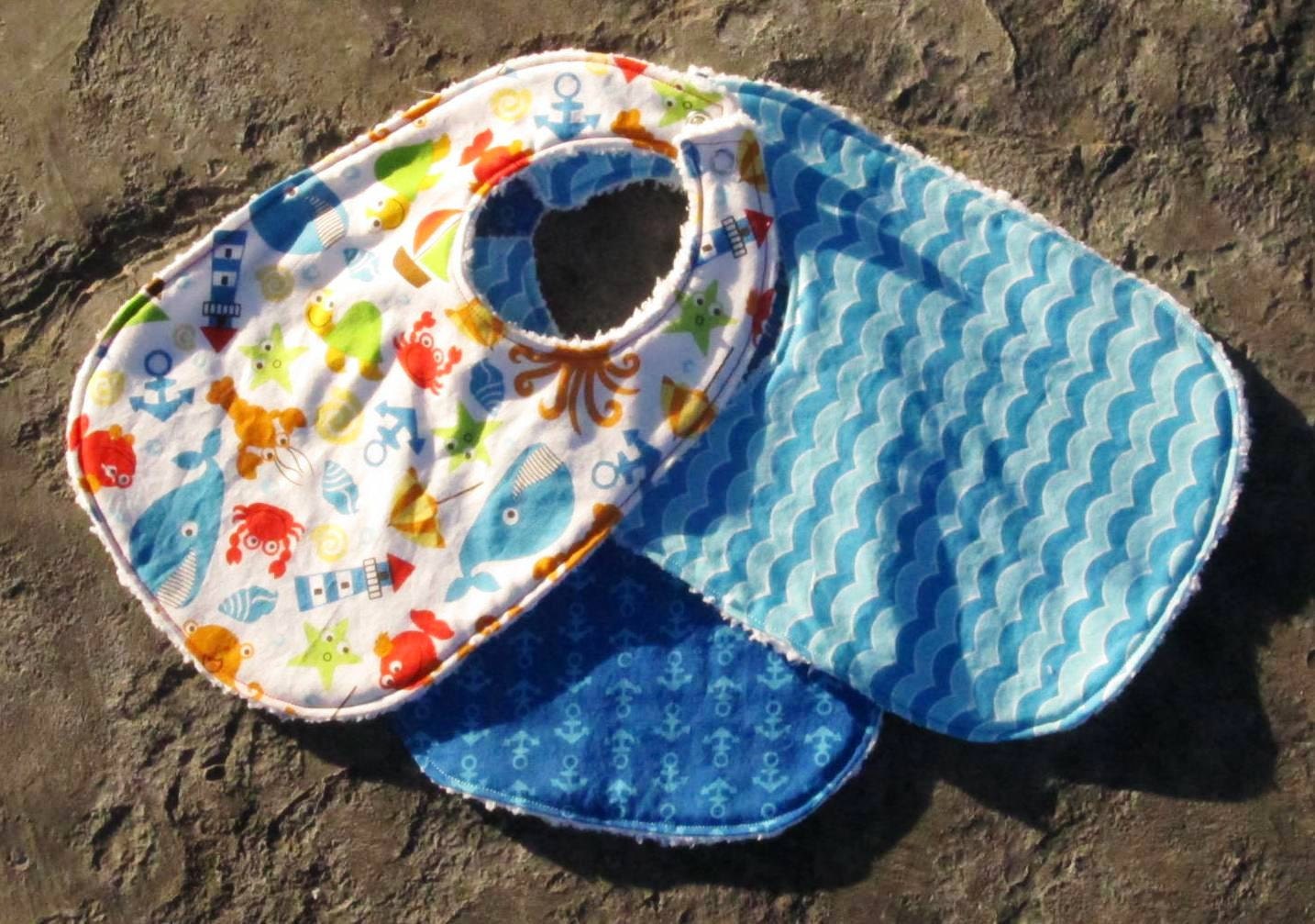 Boy Bibs- Set of 3- Custom Made Designer Bibs- Seaside Holiday with White Chenille