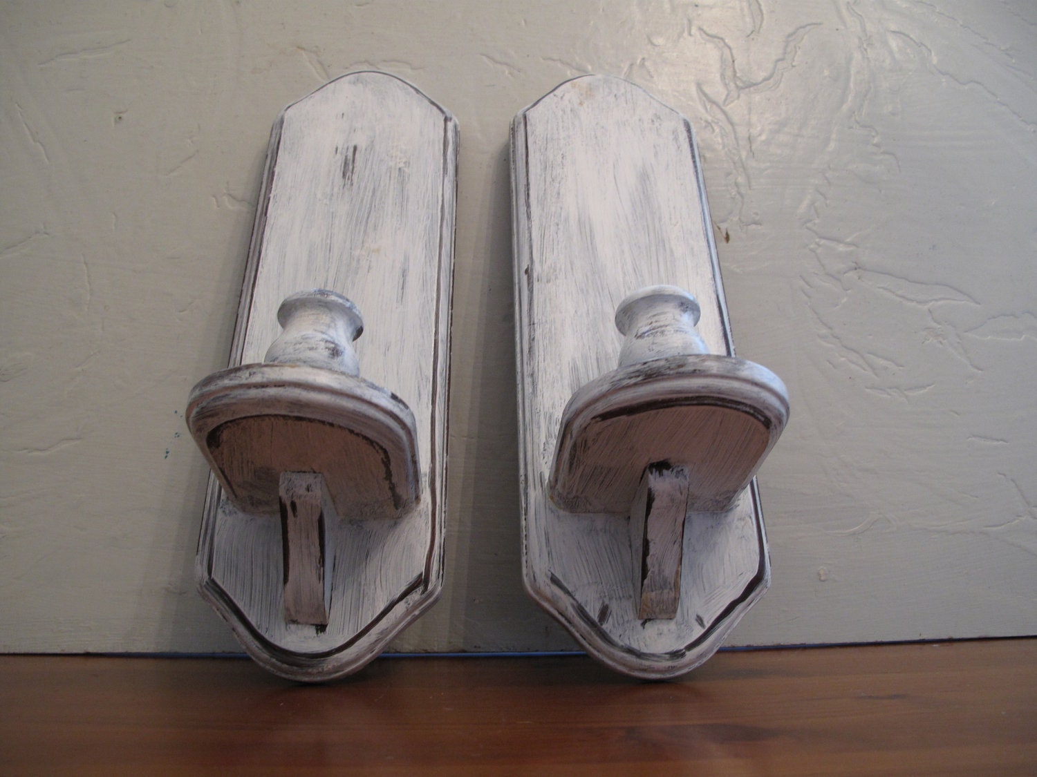 Pair of UPcycled Wood  Candle sconces. Handfinished, Distressed in White