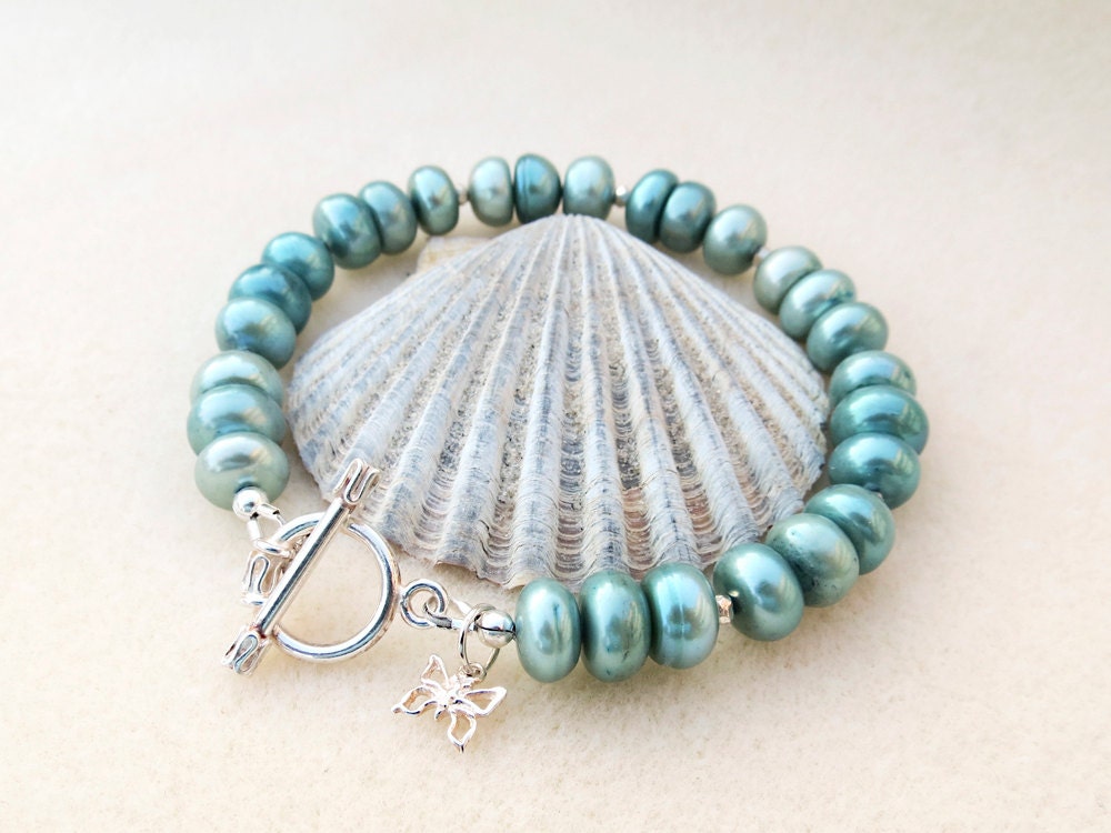 Aqua Teal Freshwater Button Pearls, Sterling Bracelet with Tiny Butterfly Charm, Jewelry by Creative Gypsy on Etsy