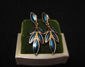 Vintage Trifari Gold Tone Metallic Teal Blue Enameled Leaf Dangle Pierced Earrings
