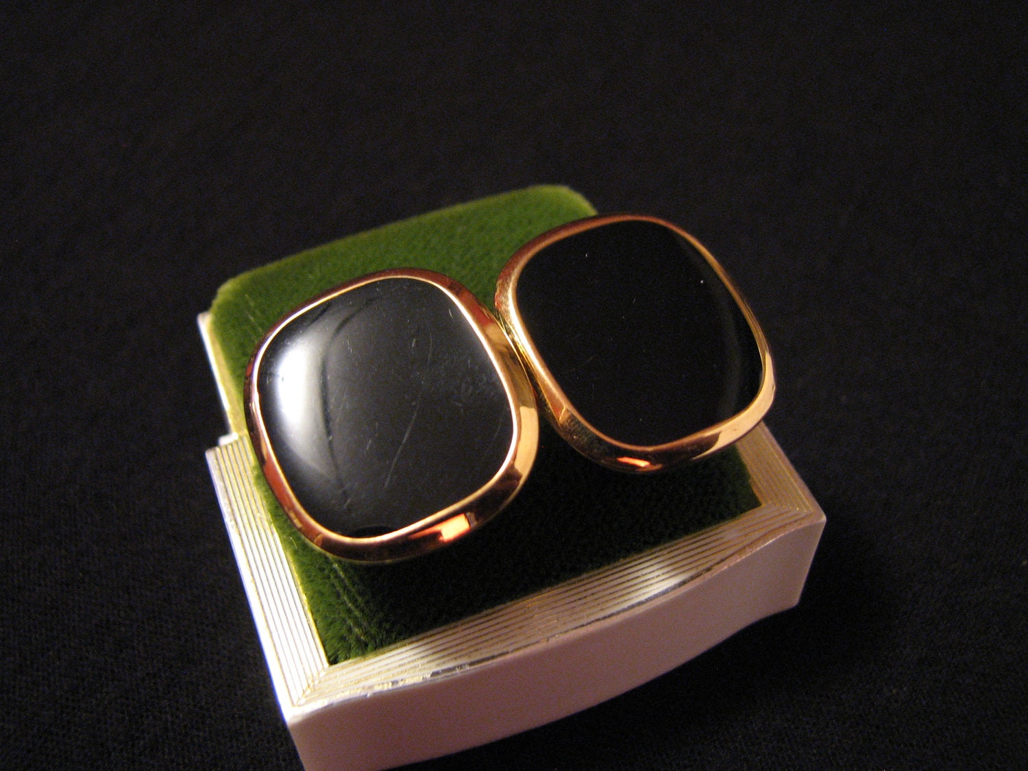 Vintage Napier Gold Tone and Black Enameled Square Clip Earrings