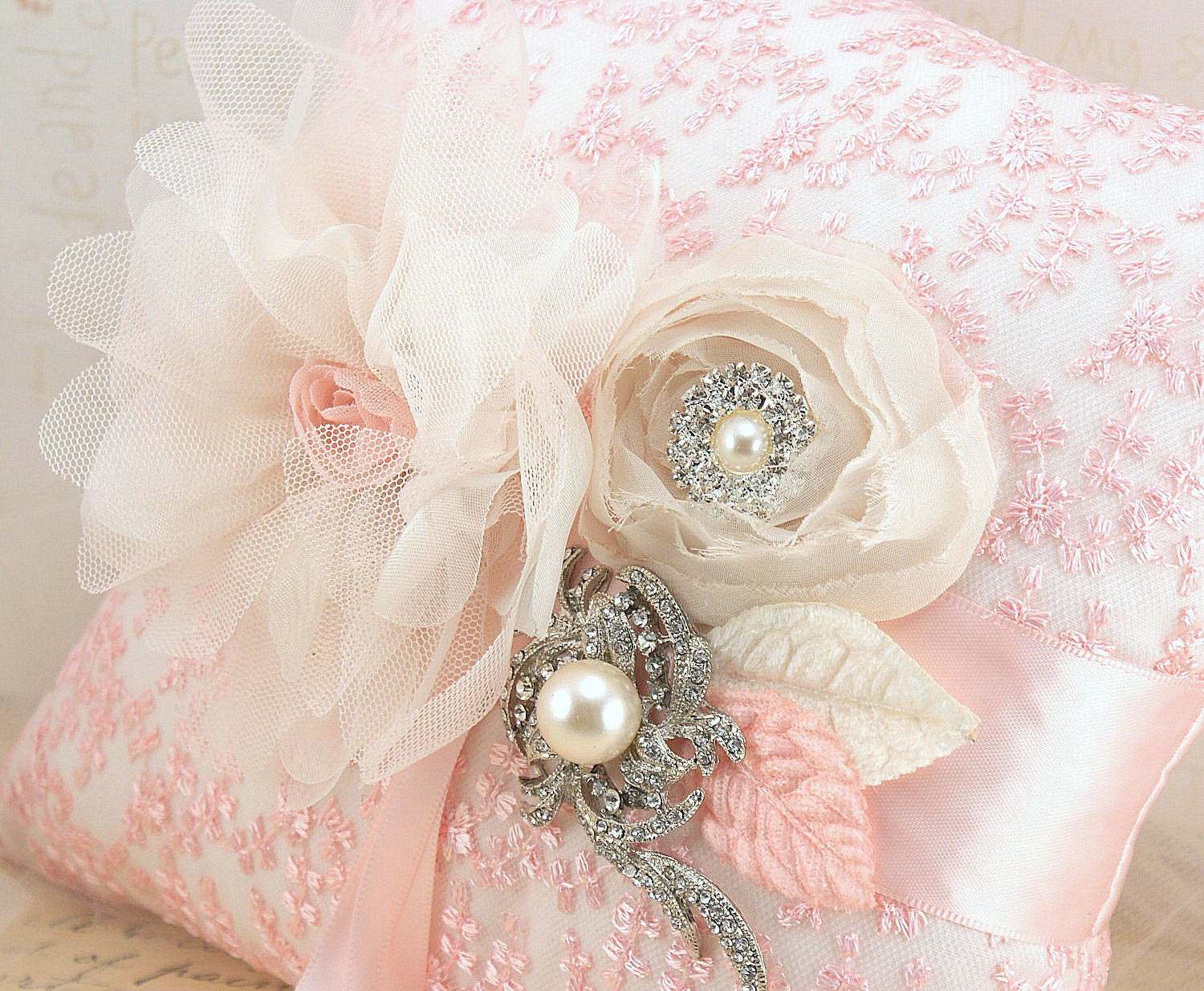 Ring Bearer Pillow - Bridal Pillow in Blush Pink and Ivory with Lace, Brooch, Jewels and Pearls- Vintage Blush