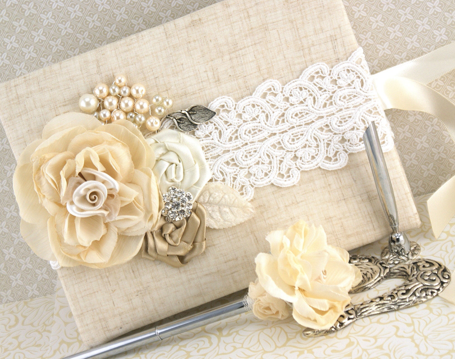 Wedding Guest Book and Pen Set Shabby Chic Vintage Inspired in Ivory and Champagne with Linen and Lace