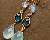 Rainbow Moonstone, London Blue Topaz, Aqua Chalcedony Earrings - 14KT Gold Fill - Something Blue, Autumn Weddings