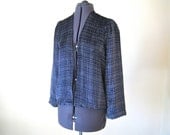 1930s jacket / stunning velvet evening jacket in plaid print - navy blue, light blue and white / M-L 38" bust