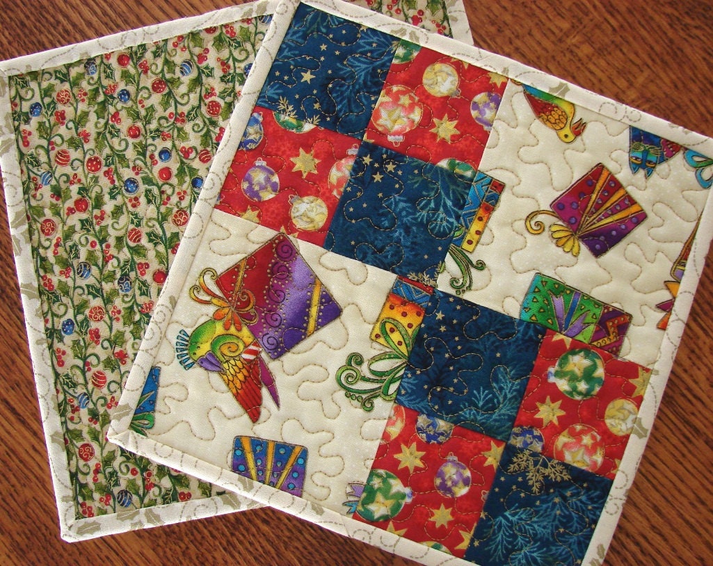 Christmas Laurel Burch Mug Rugs Snack Mats Mini Quilts Pair