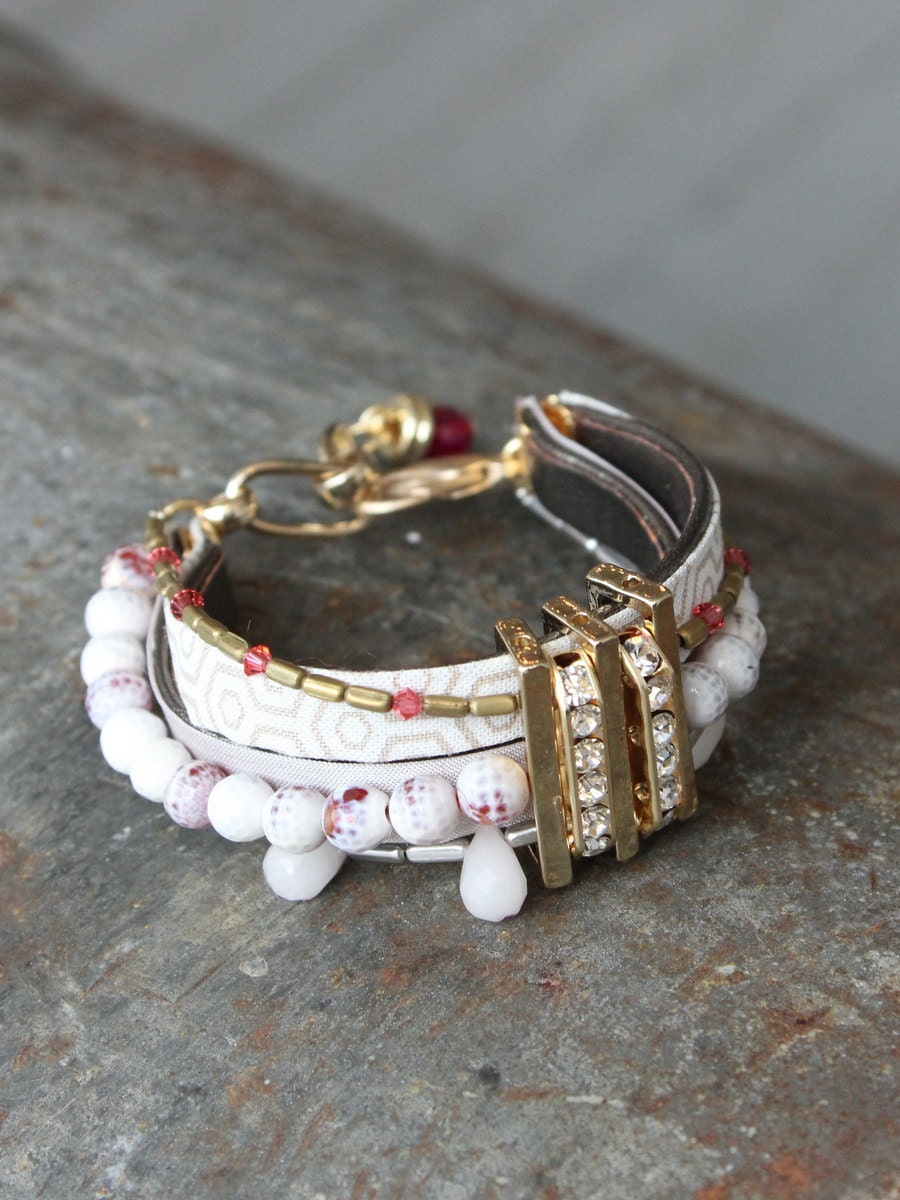 Pale Fabric Bracelet with Semi-Precious Stones, Swarovski Crystals and Silk