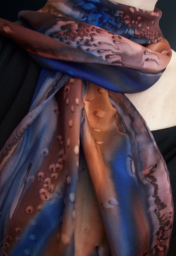 Silk Scarf Hand Painted in Brown and Blue