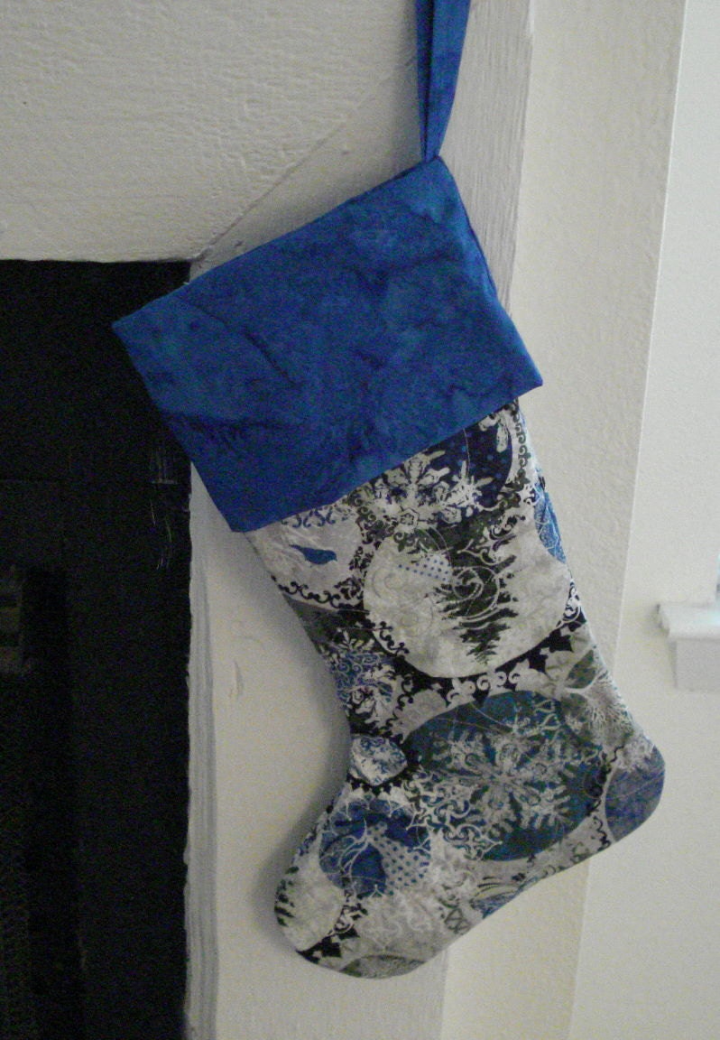 Blue and Silver Quilted Christmas Stocking with blue batik cuff