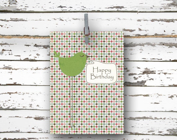 Happy Birthday - 4x5.5 folded greeting card -green bird