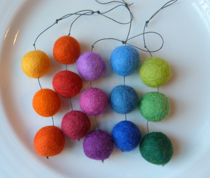Rainbow Color Drop ornaments  --  Five with 3 felt balls each, 5 to 7 inches (13 -18cm) long -- ready to ship