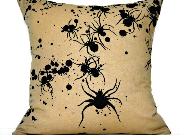 Pillow Cover Halloween Spiders Inkblots Black Tan Repurposed Decorative 18x18