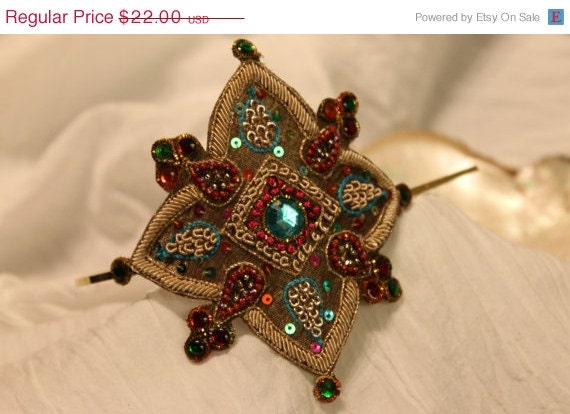ON SALE Hair accessories, Large Beaded single 4" diamond shaped Medallion on gold metal headband