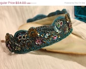ON SALE Turquoise headband adorned with sequins,beads and gold embellishments 1.5" wide, other colors and variations available