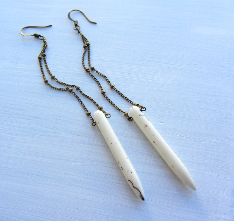 White spike Howlite stone dangle Long earrings with antique brass plated ball chain, boho fashion, autumn fashion, fall fashion.