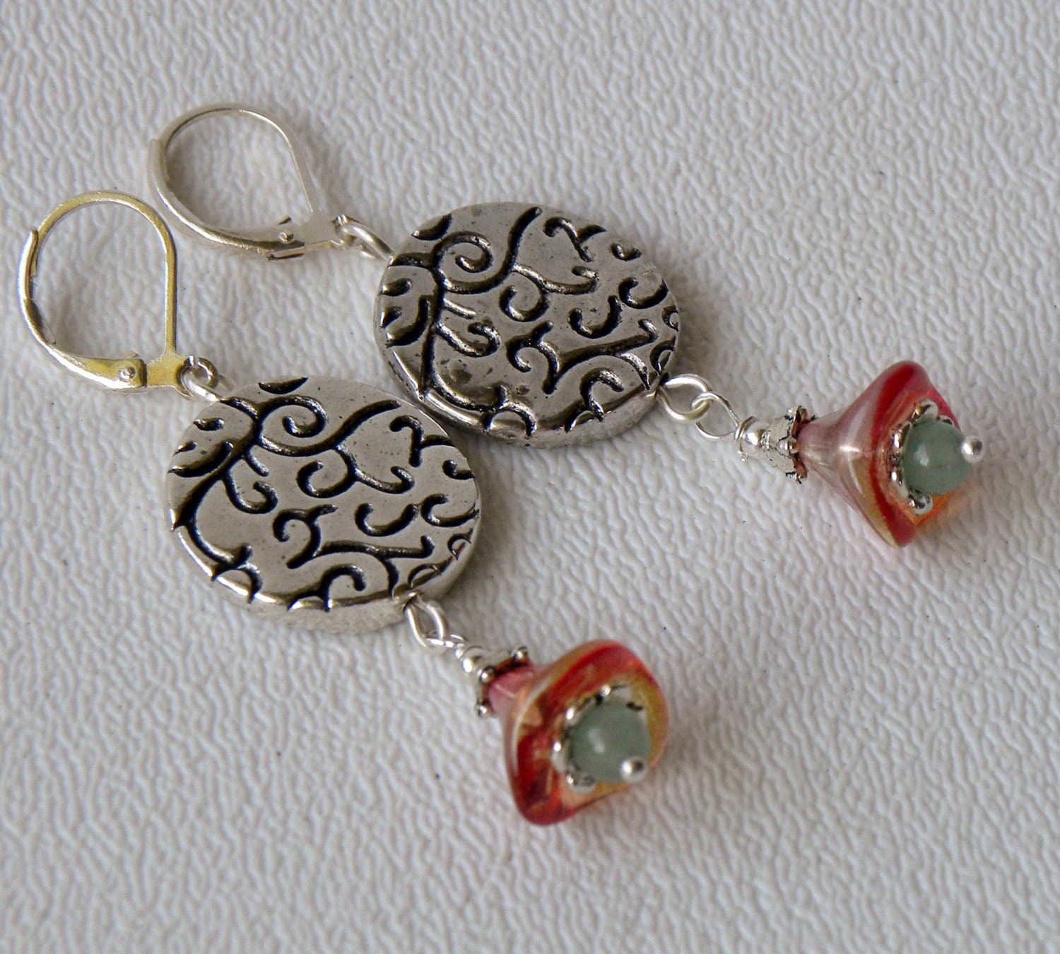 Mango Berry Handmade Beaded Earrings Jade Lucite Drops Scroll Design Silver Bead