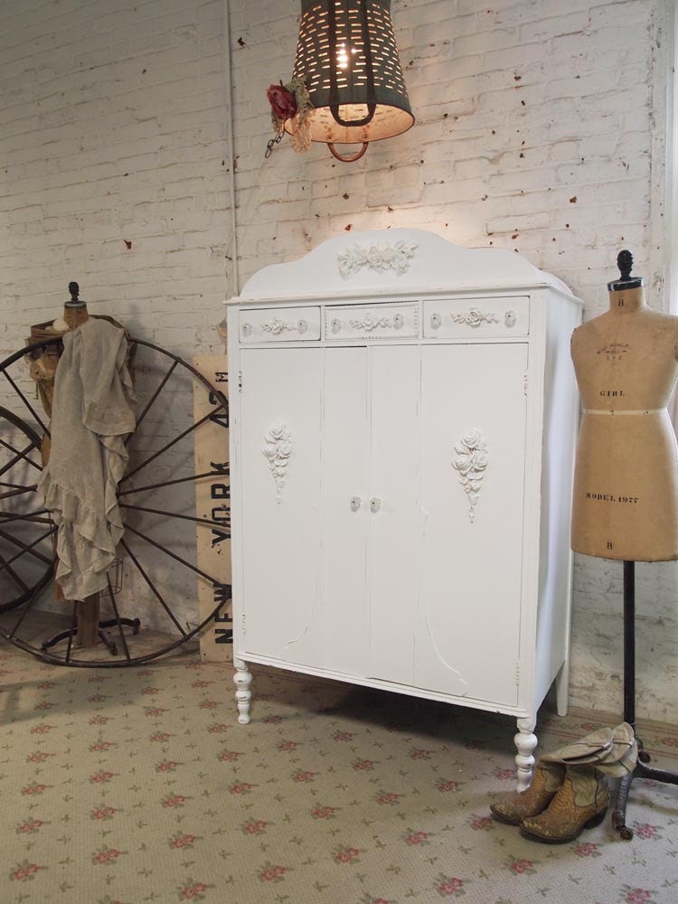 Painted Cottage Chic Shabby White Vintage Armoire AM257