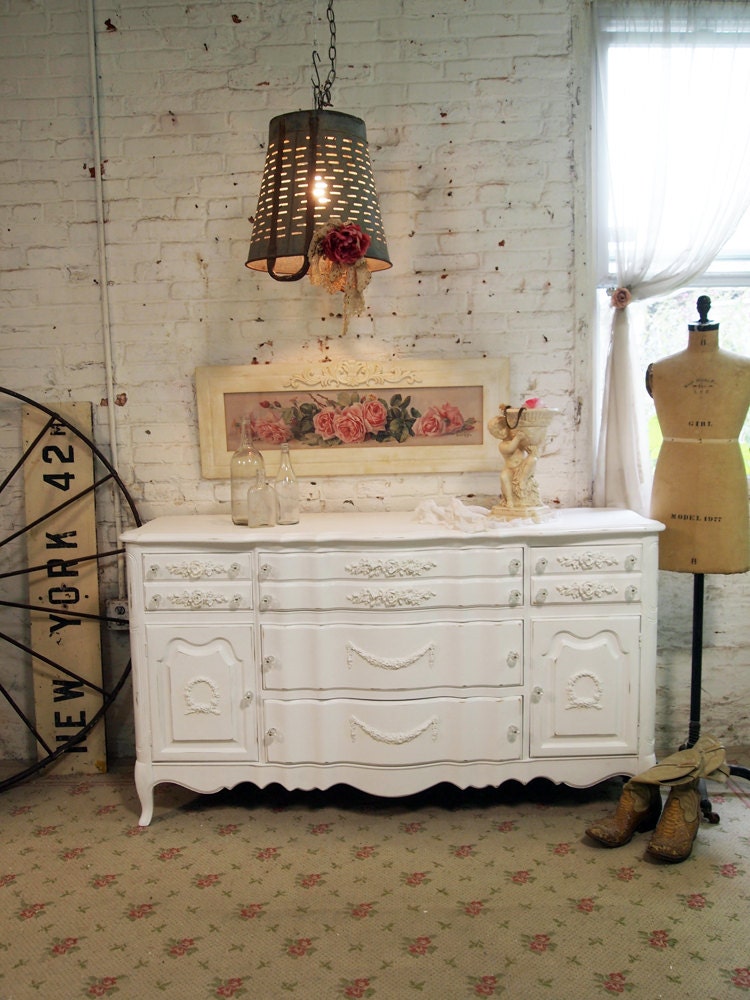 Painted Cottage Chic Shabby White Vintage French Server SV303
