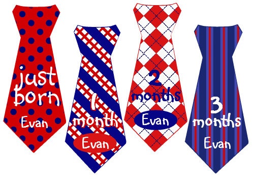 Boy Tie Baby Month Stickers Personalized (Red, White, and Blue)-Includes Newborn and Extra-Large 12 Month Stickers - Monthly Onesie Stickers