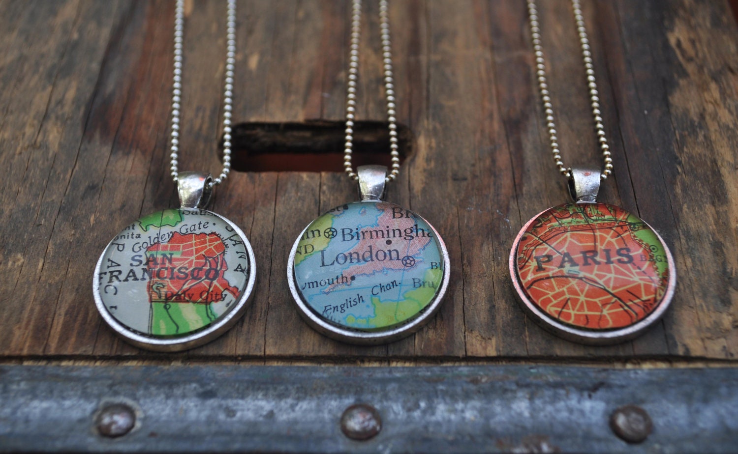 Personalized Map Pendant Necklace from Vintage Atlas 3 Necklaces