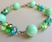 Pastel Mint Emerald Green Beaded Bracelet, Antique Brass, Lobster Clasp, Pantone 2013, Aurora Borealis Crystals