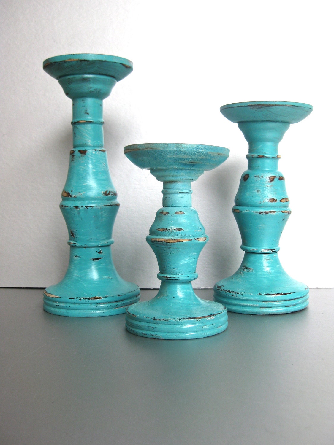 Turquoise Candle Pillars Wood Candle Holders Rustic by Swede13