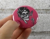 Skeleton with mask, masquerade lady skeleton, Pin back Button with pink or custom background