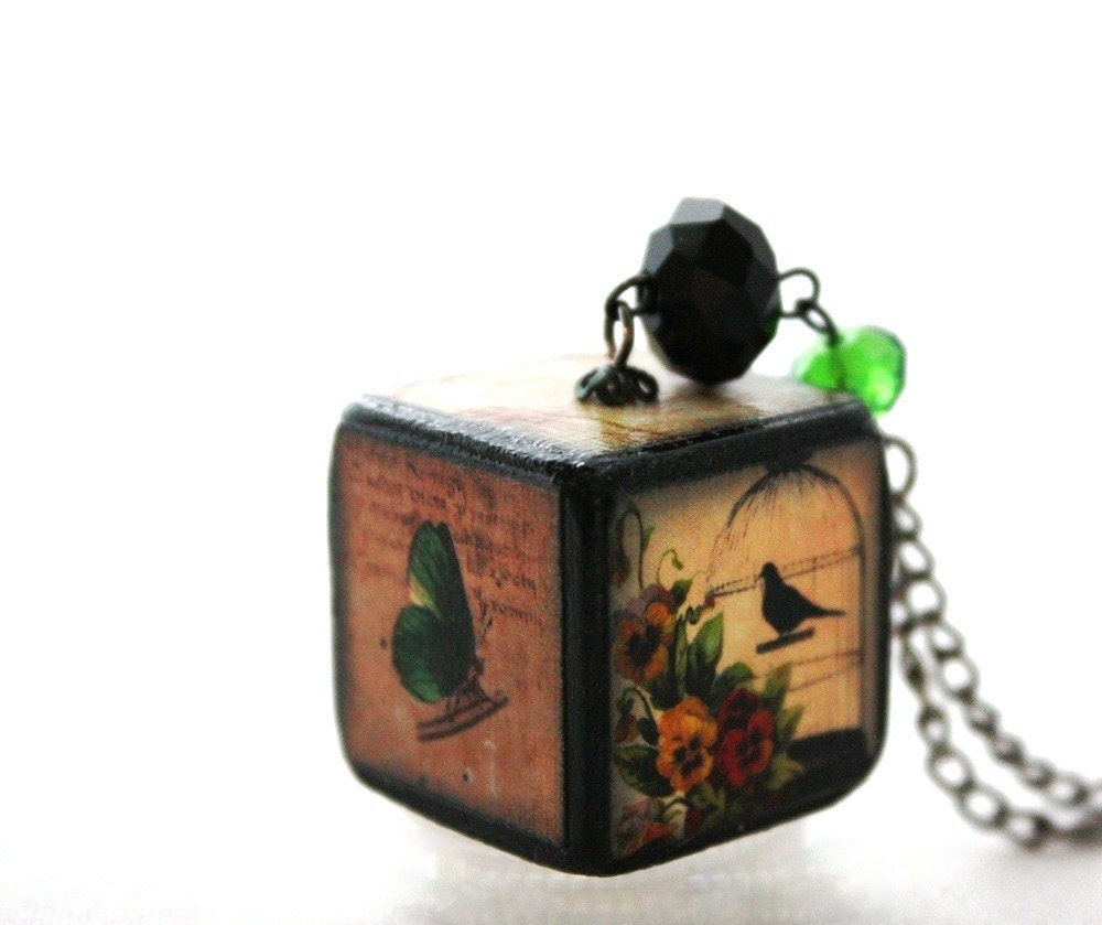 Shabby Chic Butterfly Bird Crown Postage Stamp 4 Sided Necklace : Personality Cube Necklace