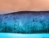 Winter snowy art landscape photography, turquoise, snow covered mountains, trippy snowflakes, fractals, 11x14" matted photograph
