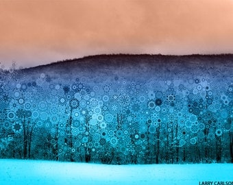 Winter snowy art landscape photography, turquoise, snow covered mountains, trippy snowflakes, fractals, 11x14" matted photograph