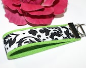 Black & White Damask on Lime Green Wristlet / Key Fob / Keychain