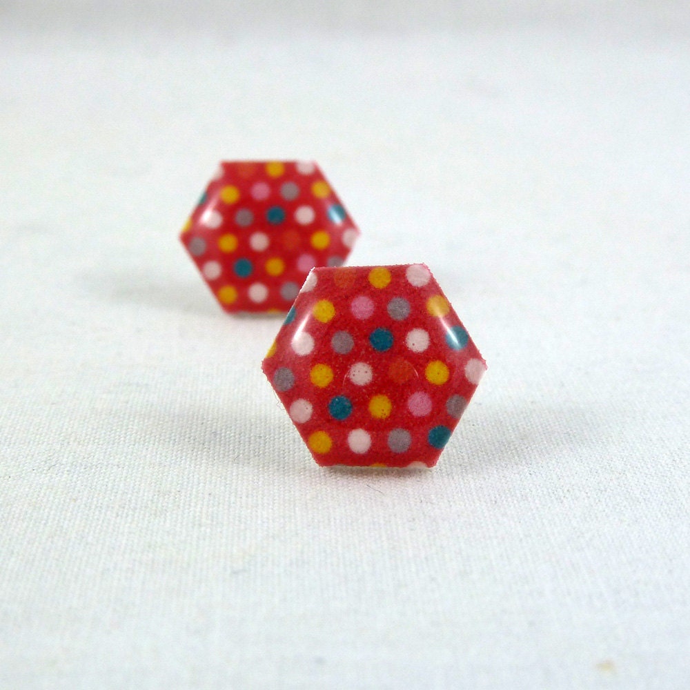Hexagon Earrings - Polka Dot - Red Yellow Blue - Surgical Steel Posts Hypoallergenic