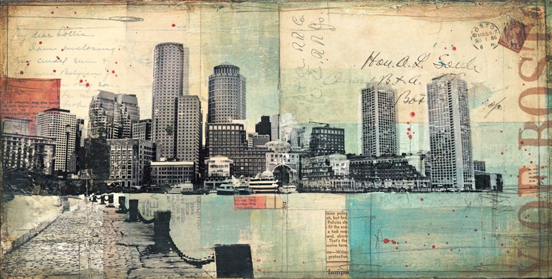 Harborwalk No. 1 - 10" x 20" original Boston skyline mixed media collage painting on canvas